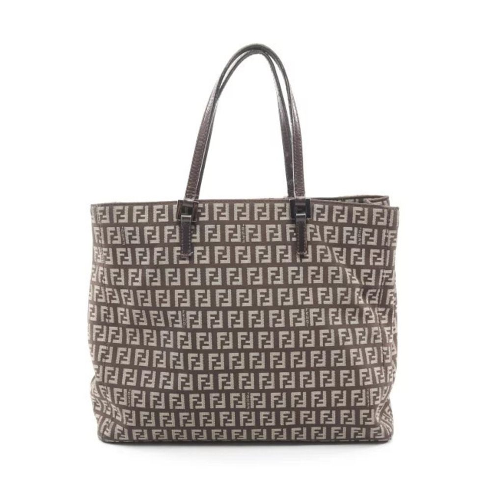 Fendi Zucchino Tote Bag Canvas Leather Beige Cream Brown